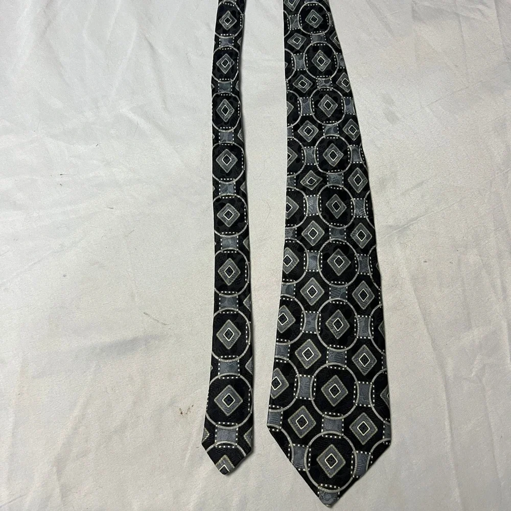 Bellagio Collezioni‎ Black Geometric Diamond Silk Necktie Italian Hand Crafted
